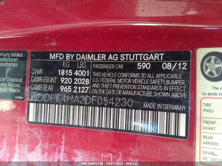 2013 MERCEDES-BENZ SLK-CLASS SLK 250 WDDPK4HA2DF054230