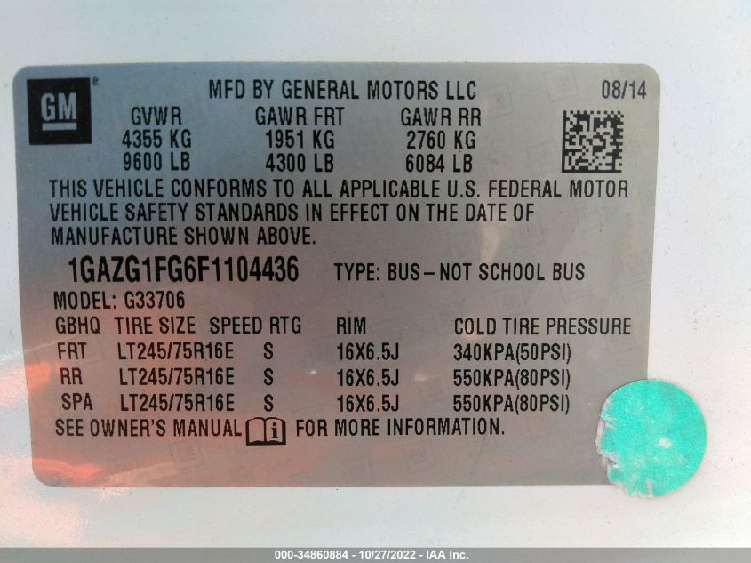 2015 CHEVROLET EXPRESS PASSENGER LT 1GAZG1FG6F1104436