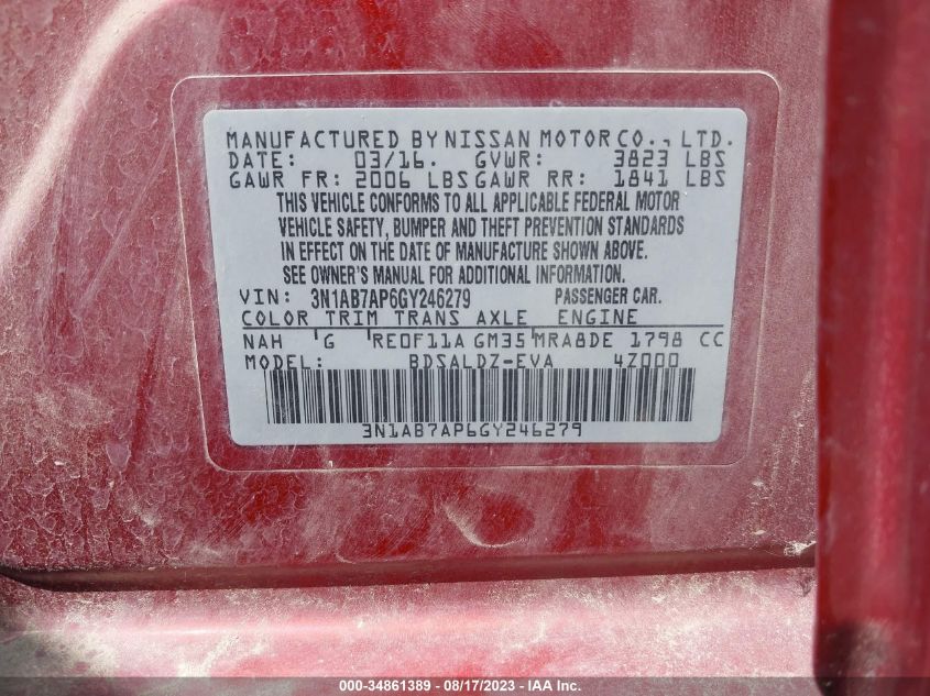 2016 NISSAN SENTRA SV - 3N1AB7AP6GY246279