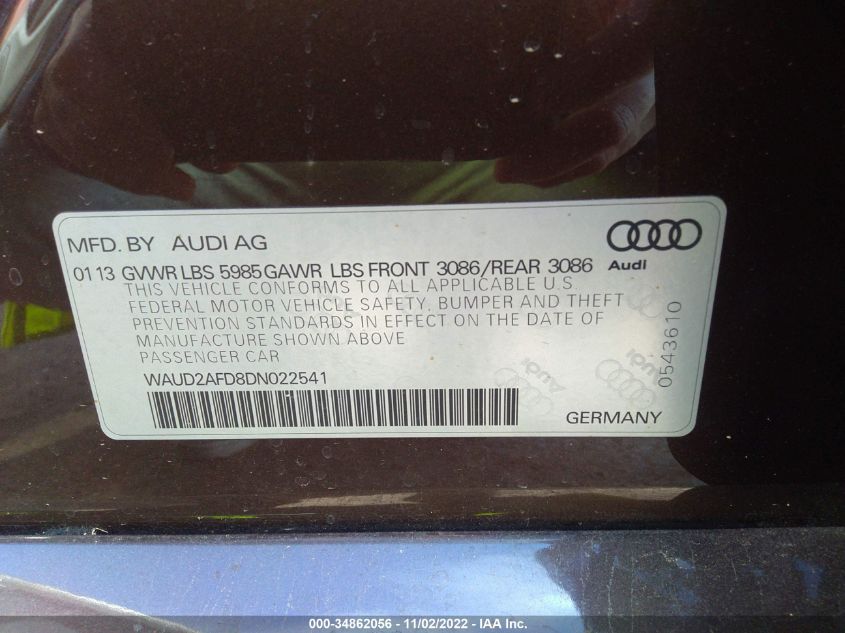 2013 AUDI S8 WAUD2AFD8DN022541