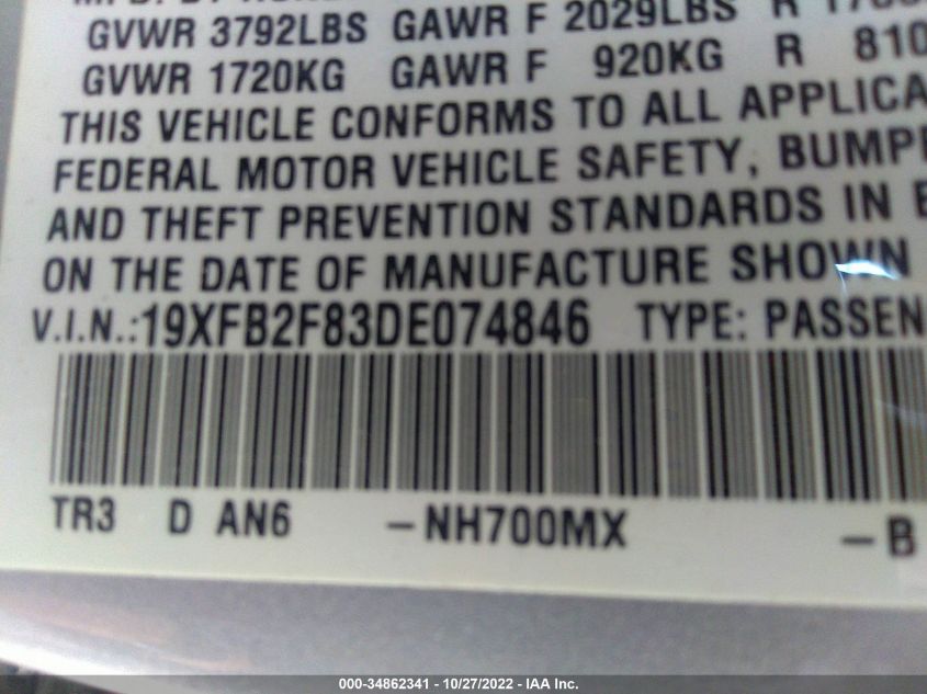 2013 HONDA CIVIC EX - 19XFB2F83DE074846