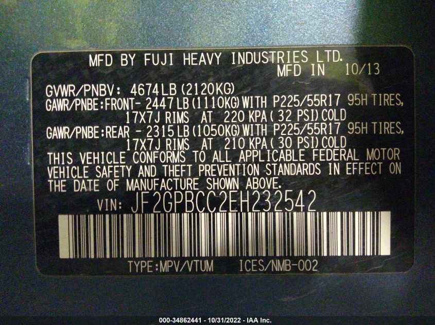 2014 SUBARU XV CROSSTREK HYBRID JF2GPBCC2EH232542