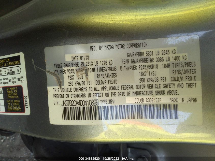 2013 MAZDA CX-9 TOURING JM3TB2CA4D0410899