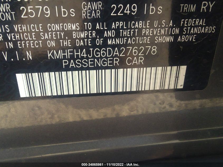 2013 HYUNDAI AZERA KMHFH4JG6DA276278