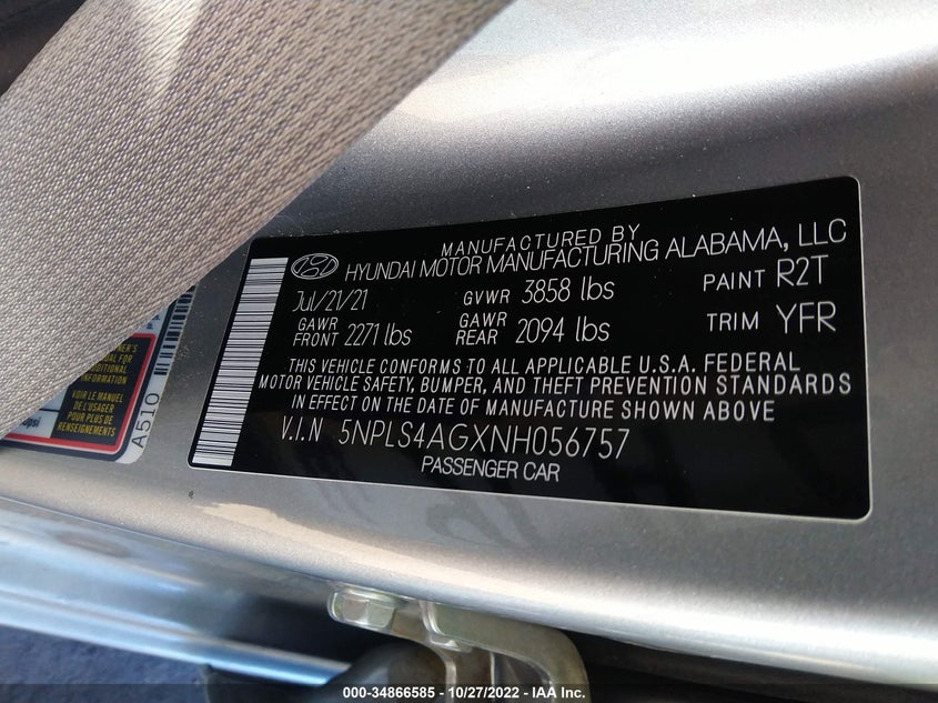 2022 HYUNDAI ELANTRA VIN: 5NPLS4AGXNH056757
