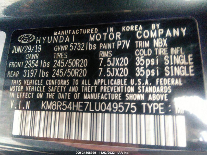 2020 HYUNDAI PALISADE LIMITED KM8R54HE7LU049575