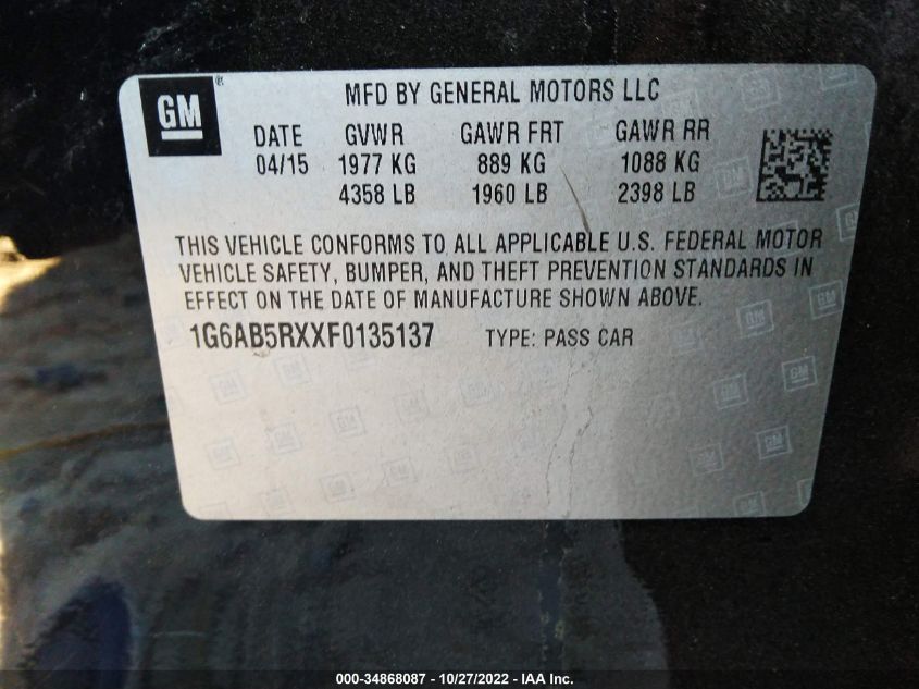 2015 CADILLAC ATS SEDAN LUXURY RWD 1G6AB5RXXF0135137