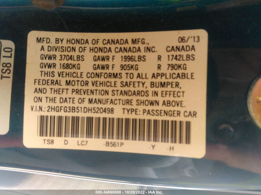 2013 HONDA CIVIC CPE LX 2HGFG3B51DH520498
