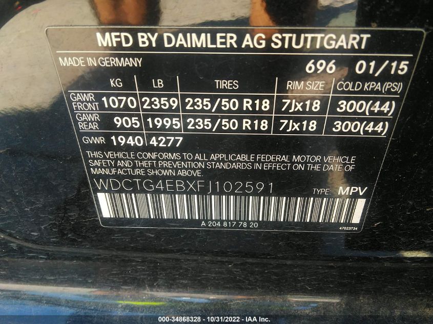 2015 MERCEDES-BENZ GLA-CLASS GLA 250 WDCTG4EBXFJ102591