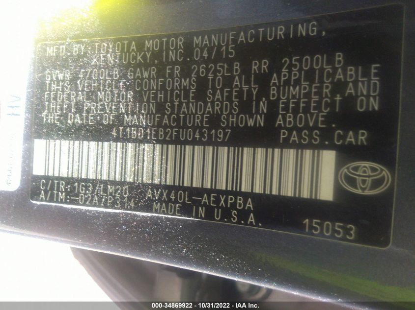 2015 TOYOTA AVALON HYBRID XLE TOURING/LIMITED 4T1BD1EB2FU043197