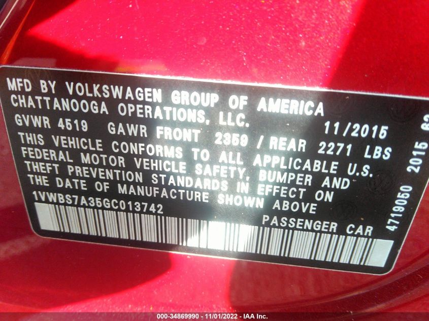 2016 VOLKSWAGEN PASSAT 1.8T SE 1VWBS7A35GC013742