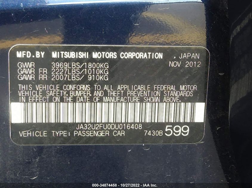 2013 MITSUBISHI LANCER ES JA32U2FU0DU016408