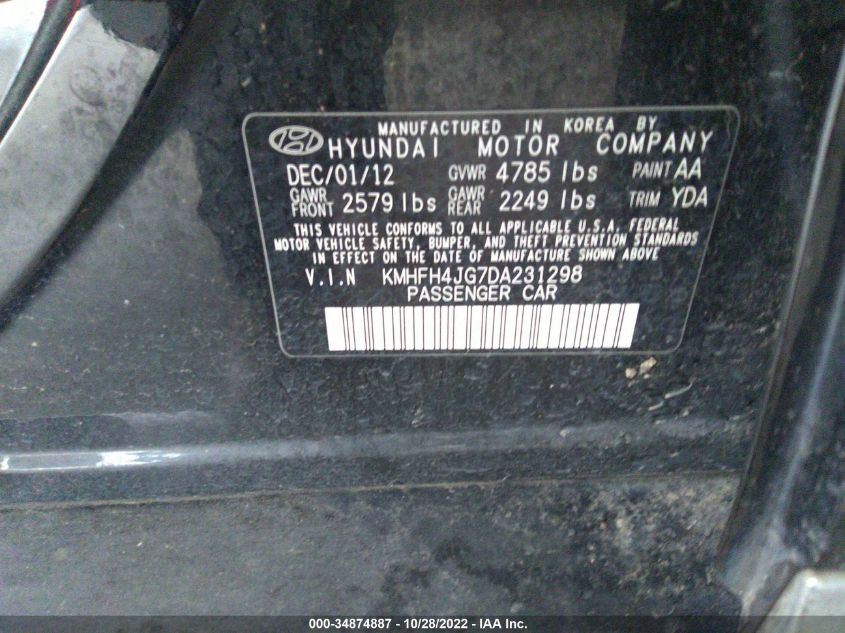 2013 HYUNDAI AZERA KMHFH4JG7DA231298