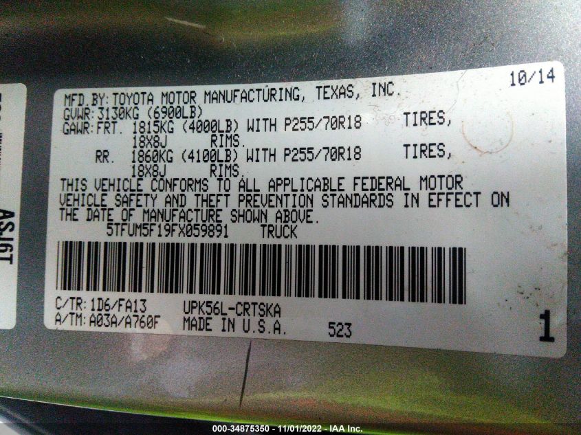 2015 TOYOTA TUNDRA 4WD TRUCK SR/SR5 5TFUM5F19FX059891