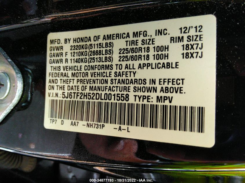 2013 HONDA CROSSTOUR EX-L 5J6TF2H52DL001558