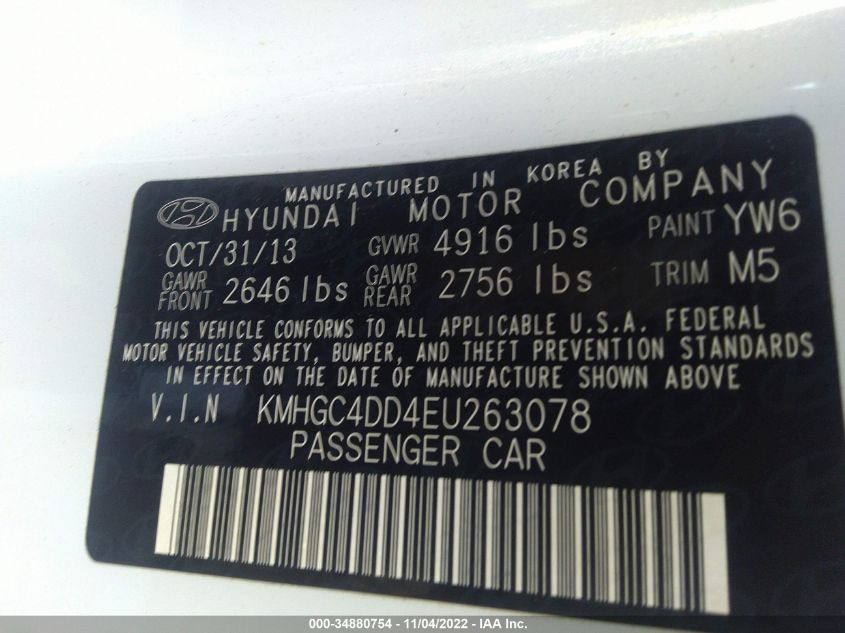 2014 HYUNDAI GENESIS 3.8L KMHGC4DD4EU263078