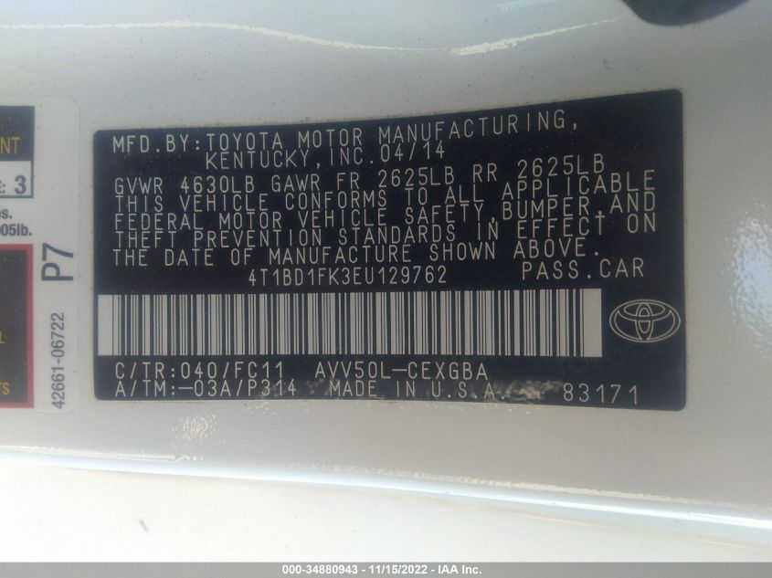 2014 TOYOTA CAMRY HYBRID LE/XLE/SE LIMITED EDITION 4T1BD1FK3EU129762