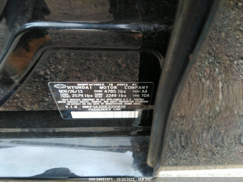 2014 HYUNDAI AZERA KMHFG4JG0EA350816