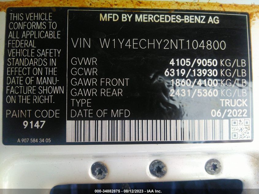 2022 MERCEDES-BENZ SPRINTER CARGO VAN W1Y4ECHY2NT104800