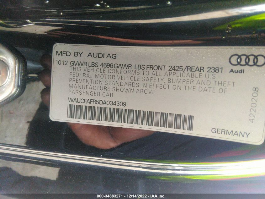 2013 AUDI A5 PREMIUM WAUCFAFR5DA034309