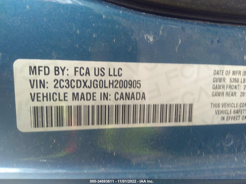VIN 2C3CDXJG0LH200905 2020 DODGE CHARGER SXT