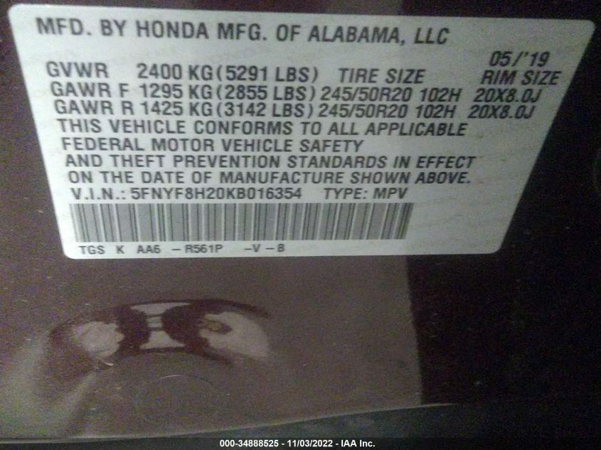 2019 HONDA PASSPORT SPORT 5FNYF8H20KB016354