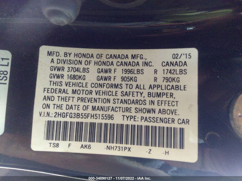 2015 HONDA CIVIC COUPE LX 2HGFG3B55FH515596