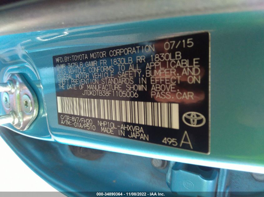2015 TOYOTA PRIUS C ONE/TWO/THREE/FOUR JTDKDTB38F1105006