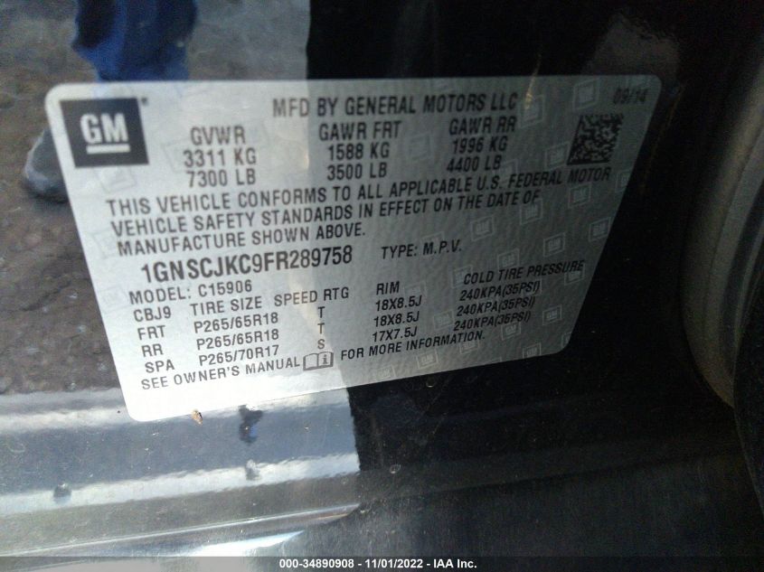 2015 CHEVROLET SUBURBAN LT 1GNSCJKC9FR289758