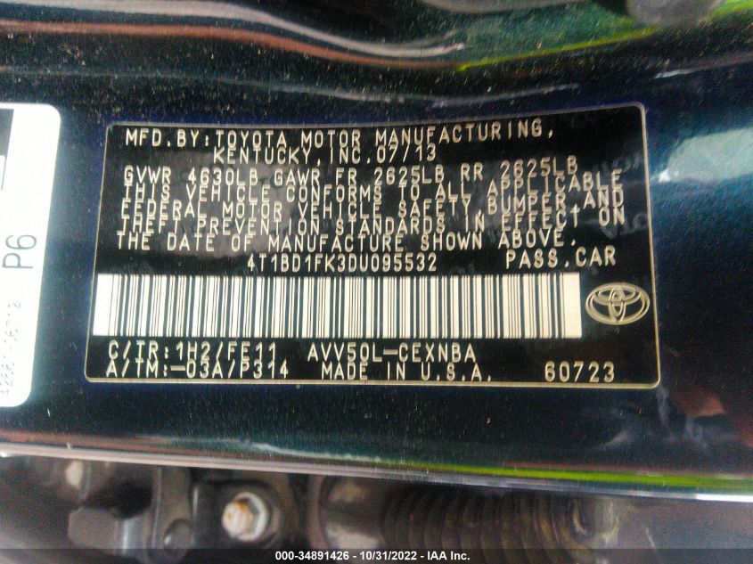 2013 TOYOTA CAMRY HYBRID LE/XLE 4T1BD1FK3DU095532