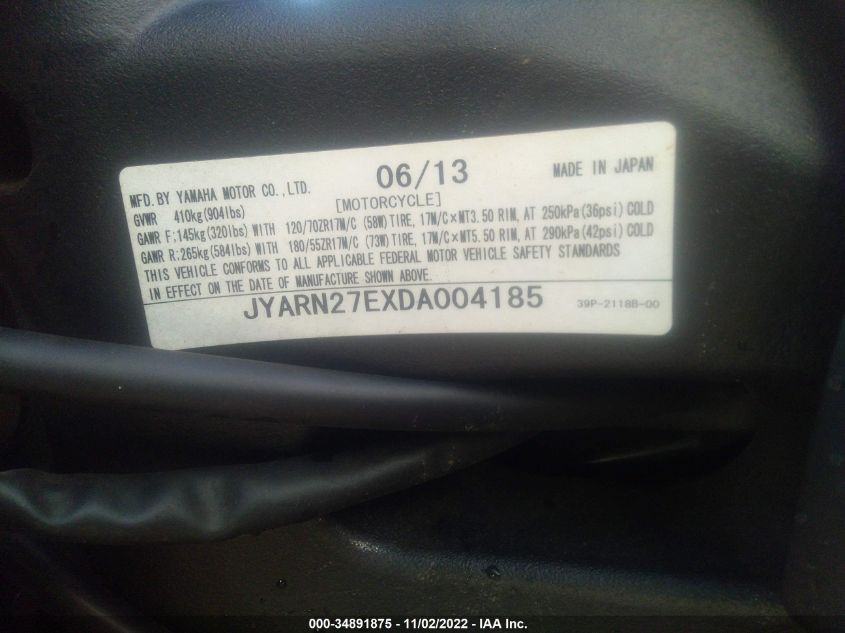 2013 YAMAHA FZ8 N JYARN27EXDA004185