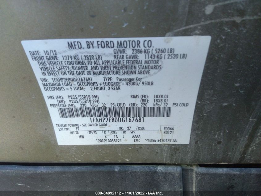 2013 FORD TAURUS SEL - 1FAHP2E80DG167681