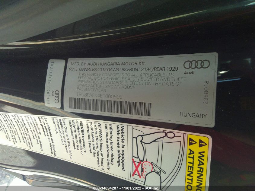 2014 AUDI TT 2.0T TRUBFAFK4E1000905