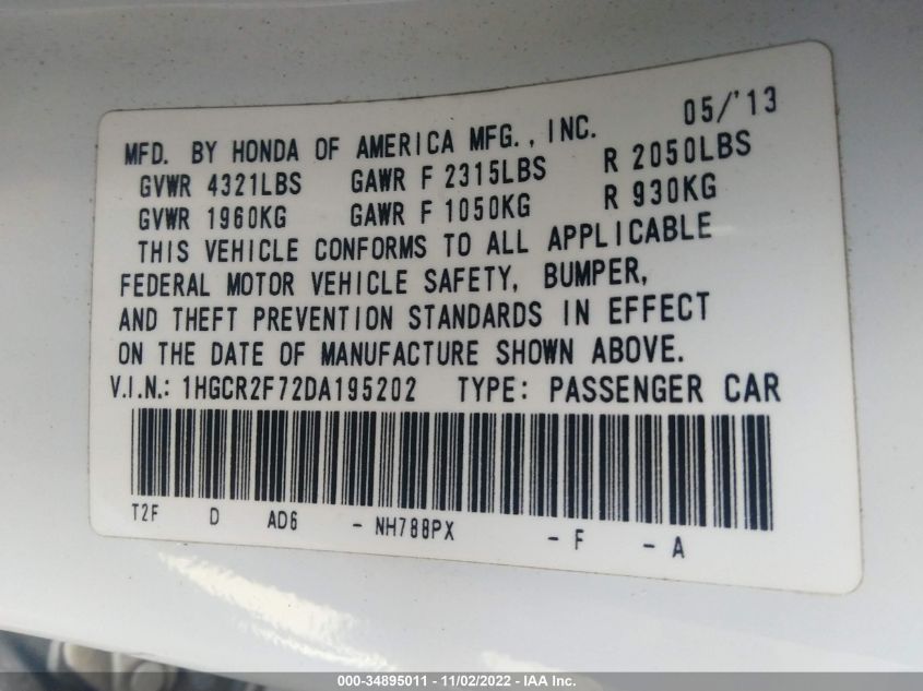 2013 HONDA ACCORD SDN EX 1HGCR2F72DA195202