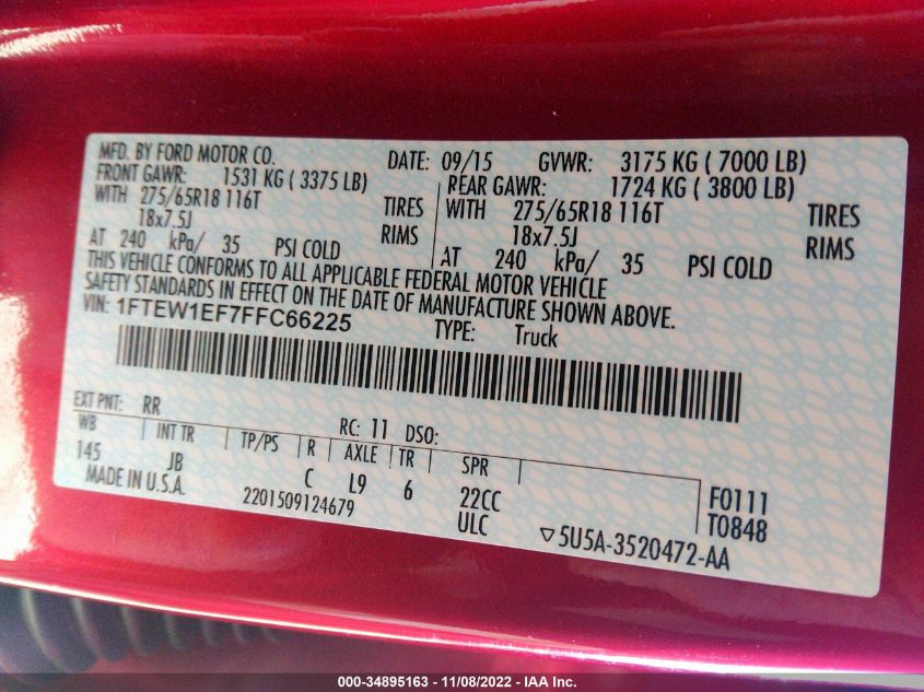 2015 FORD F-150 XLT/XL/LARIAT/PLATINUM 1FTEW1EF7FFC66225