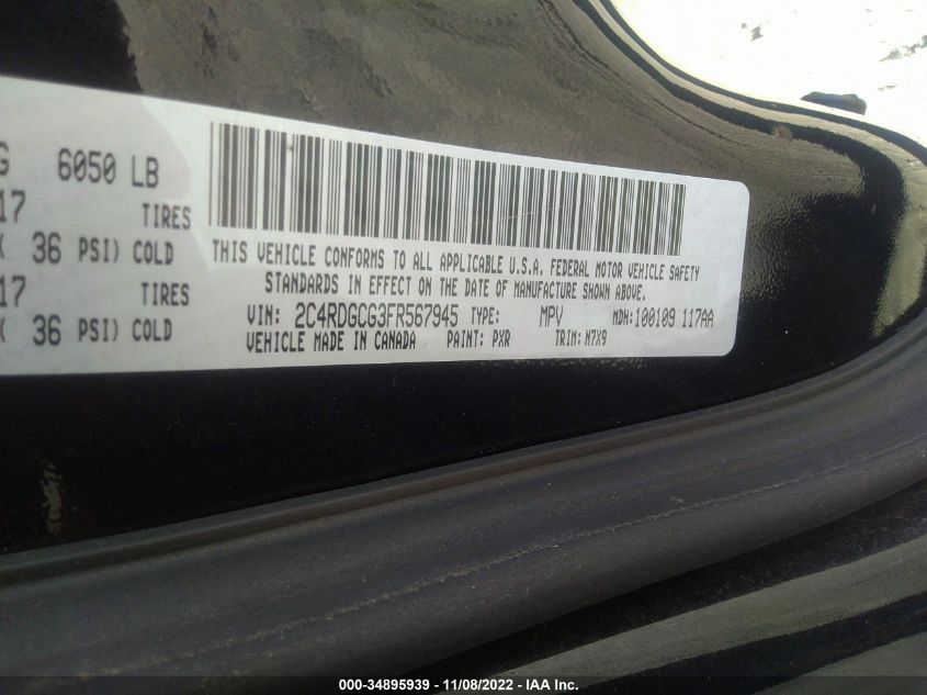 2015 DODGE GRAND CARAVAN SXT 2C4RDGCG3FR567945