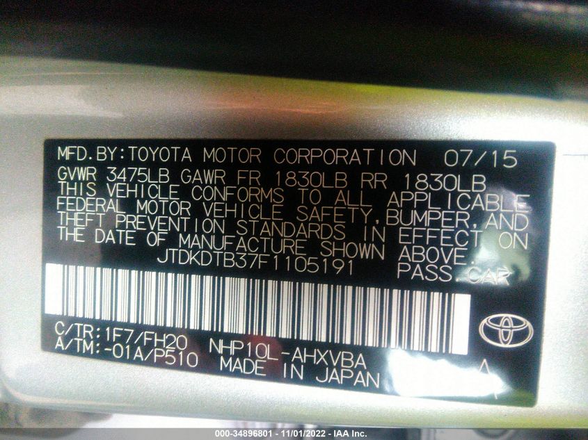 2015 TOYOTA PRIUS C ONE/TWO/THREE/FOUR JTDKDTB37F1105191