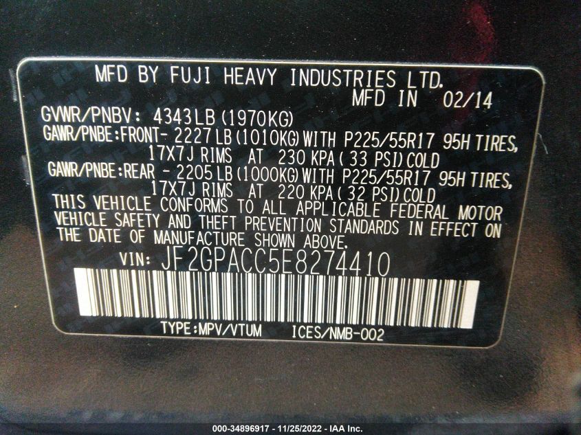 2014 SUBARU XV CROSSTREK PREMIUM JF2GPACC5E8274410