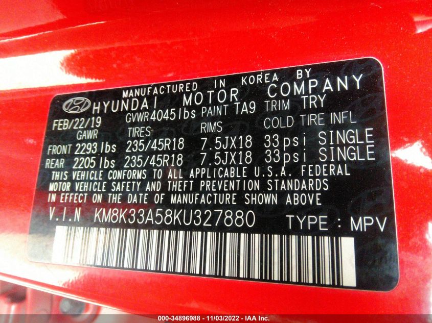 2019 HYUNDAI KONA LIMITED - KM8K33A58KU327880