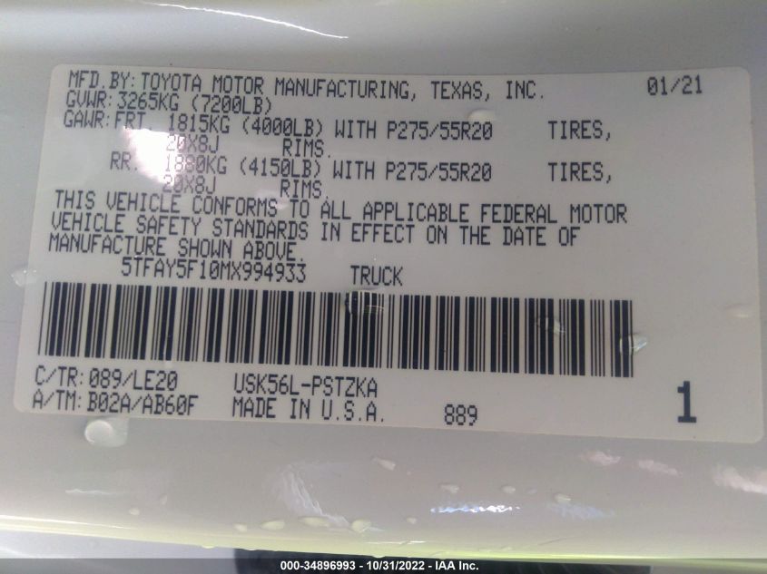2021 TOYOTA TUNDRA 4WD PLATINUM/1794 EDITION 5TFAY5F10MX994933