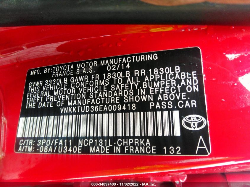 2014 TOYOTA YARIS L/LE VNKKTUD36EA009418