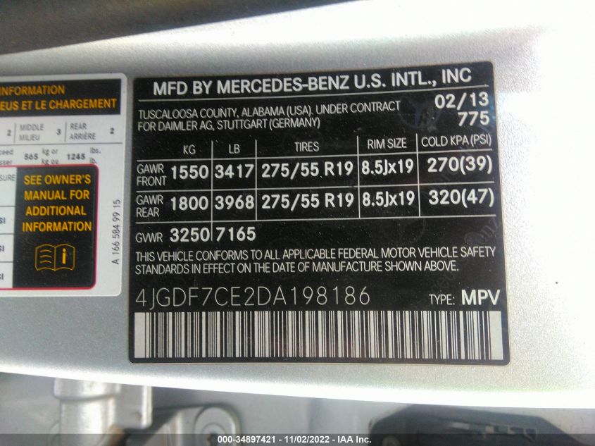 2013 MERCEDES-BENZ GL-CLASS GL 450 4JGDF7CE2DA198186