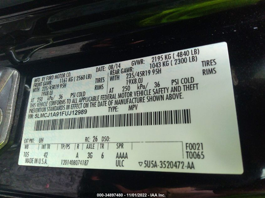 2015 LINCOLN MKC 5LMCJ1A91FUJ12989