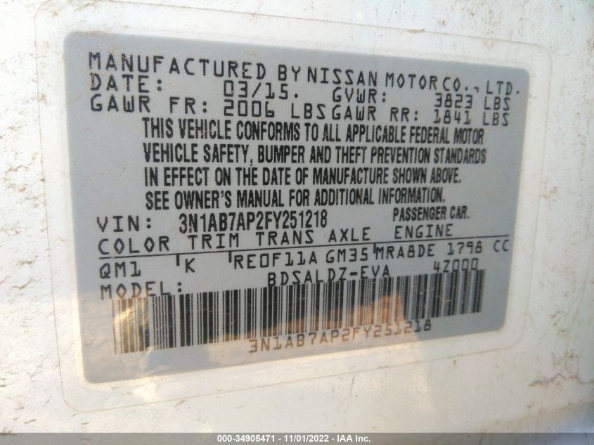 2015 NISSAN SENTRA SR/SL/S/SV/FE+ S 3N1AB7AP2FY251218