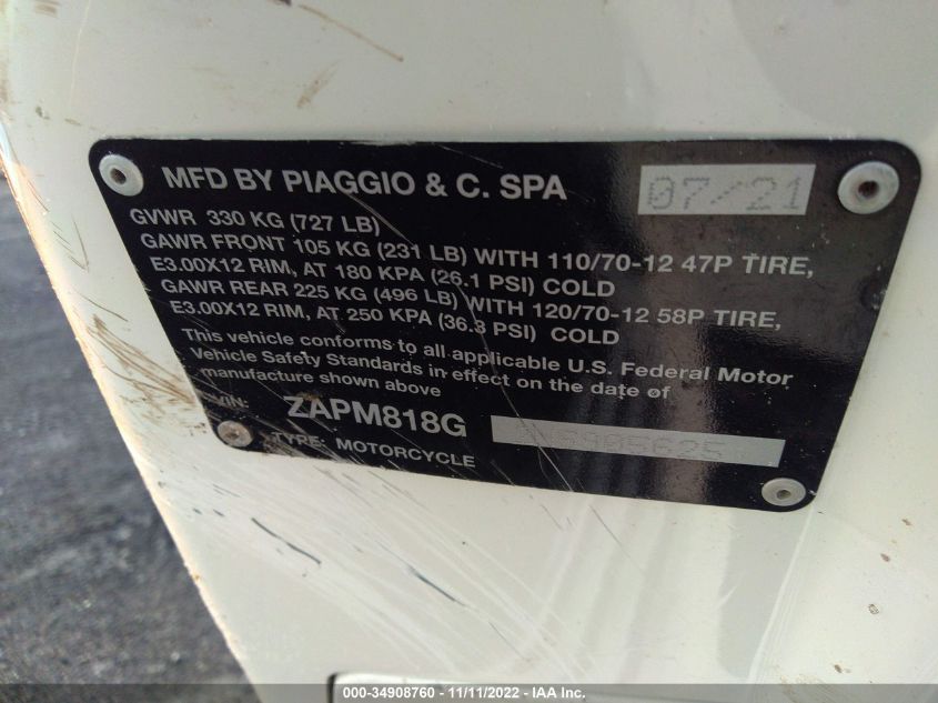 2022 VESPA PRIMAVERA ZAPM818G2N5905625
