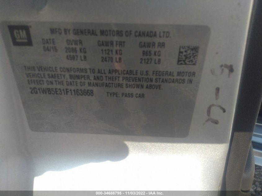 2015 CHEVROLET IMPALA LIMITED LT 2G1WB5E31F1163668