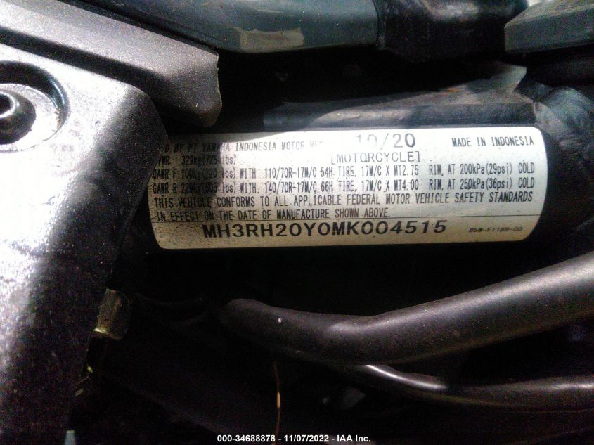 2021 YAMAHA MT-03 MH3RH20Y0MK004515