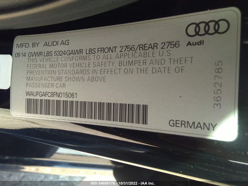 2015 AUDI A6 3.0T PREMIUM PLUS WAUFGAFC8FN015061