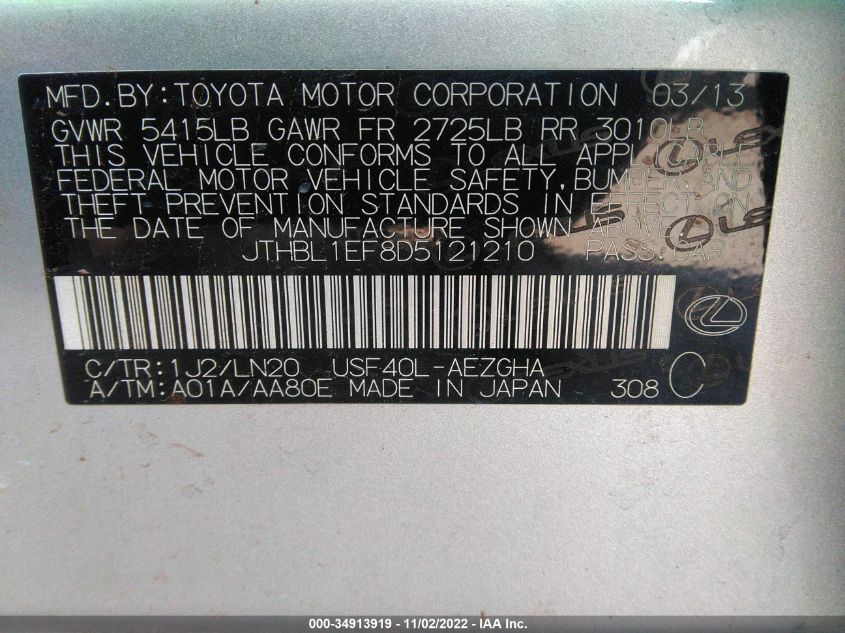 2013 LEXUS LS 460 JTHBL1EF8D5121210
