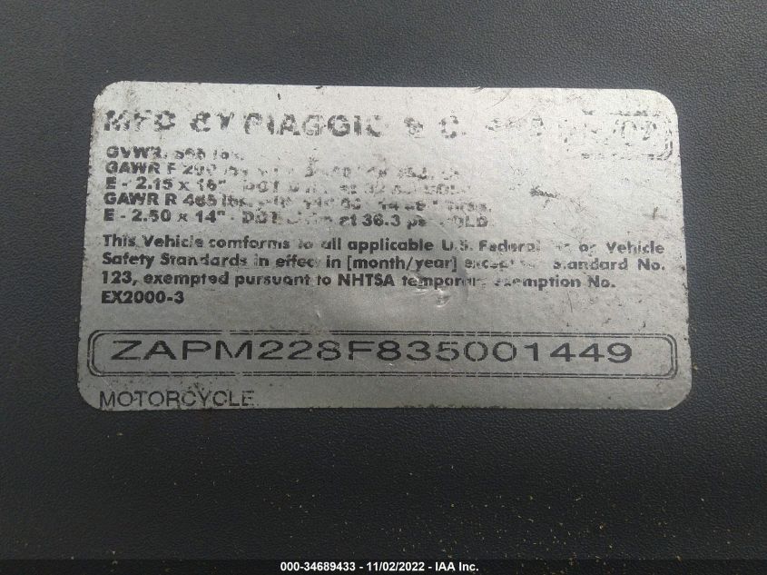 2003 PIAGGIO LT 150 ZAPM228F835001449